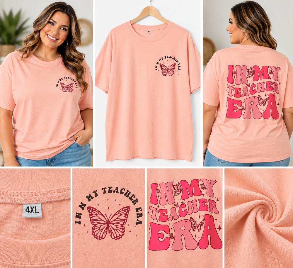In My Teacher Era Butterfly Graphic T-Shirt – Peach Pink – Size 4XL